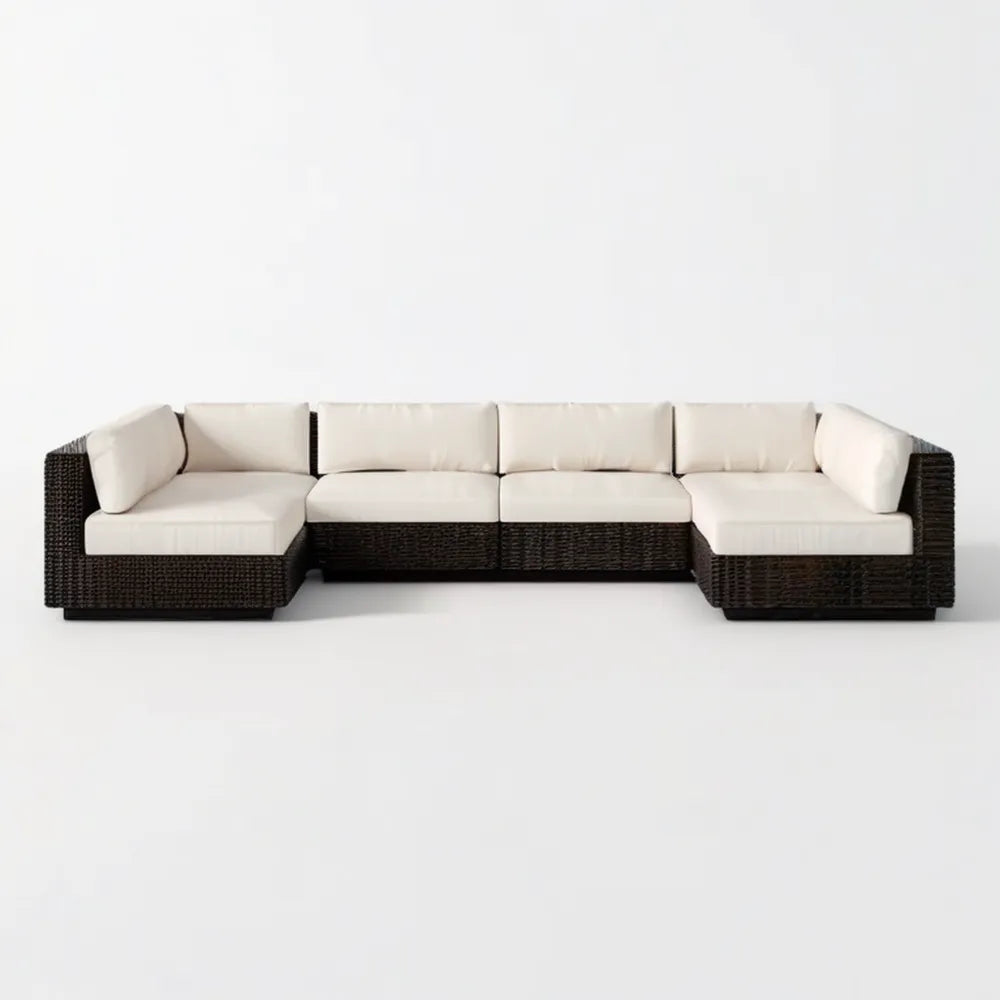 Modułowa sofa ogrodowa 5-osobowa z technorattanu PE, czarna z kremowymi poduszkami, 350 x 80 x 65 cm