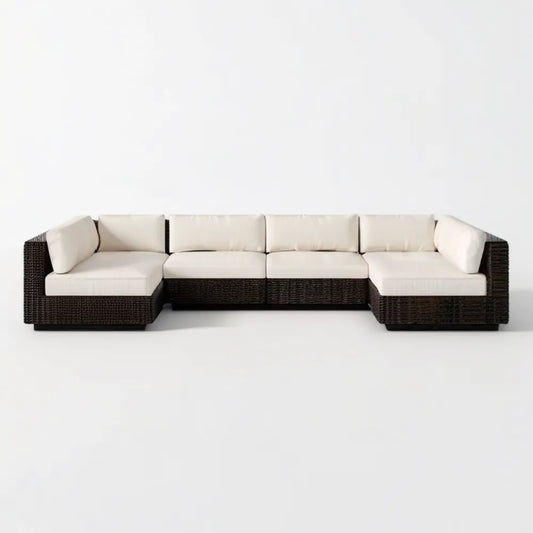 Modułowa sofa ogrodowa 5-osobowa z technorattanu PE, czarna z kremowymi poduszkami, 350 x 80 x 65 cm