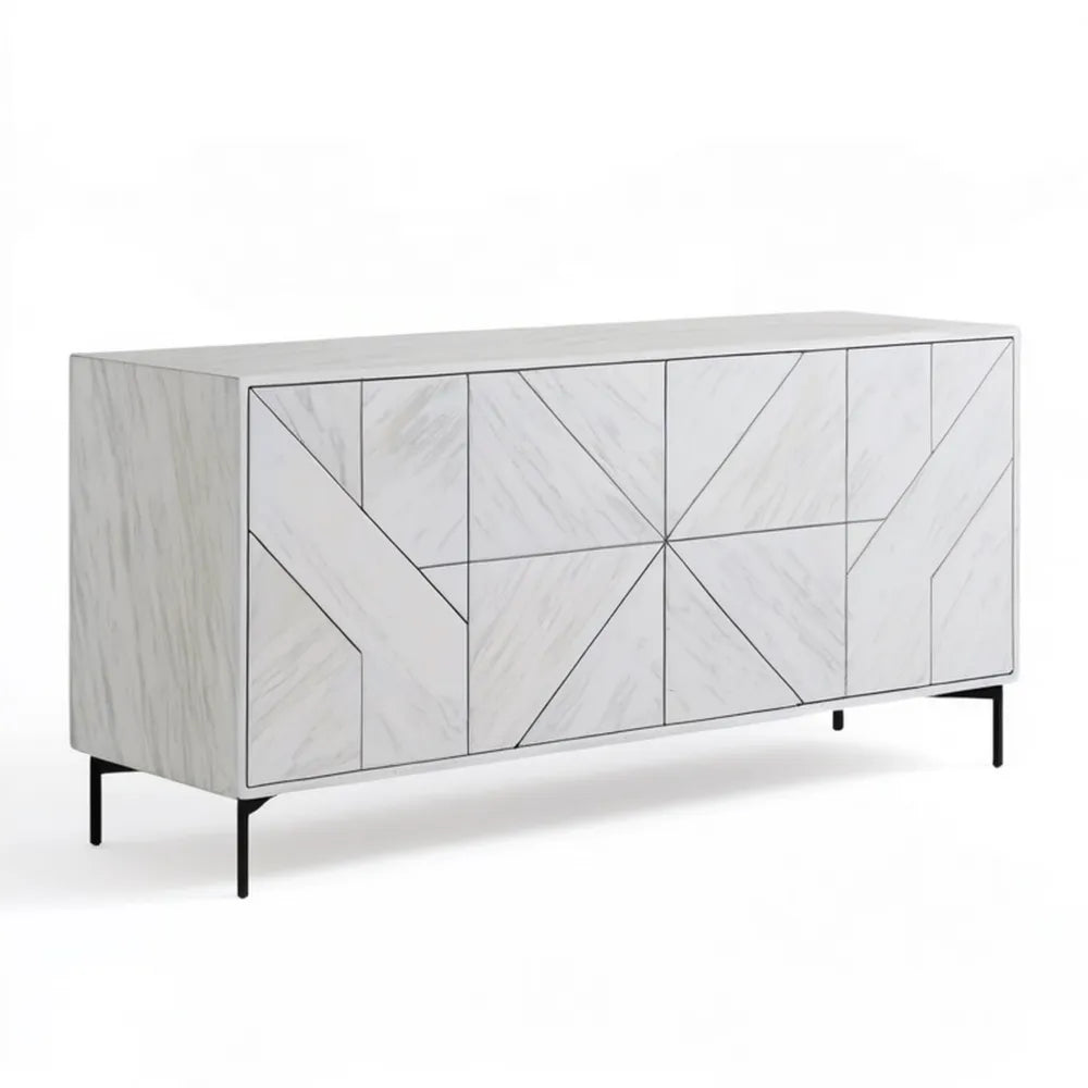 Kredens czterodrzwiowy z MDF w dekorze białego marmuru, 160 x 40 x 80 cm