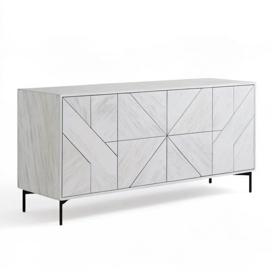 Kredens czterodrzwiowy z MDF w dekorze białego marmuru, 160 x 40 x 80 cm