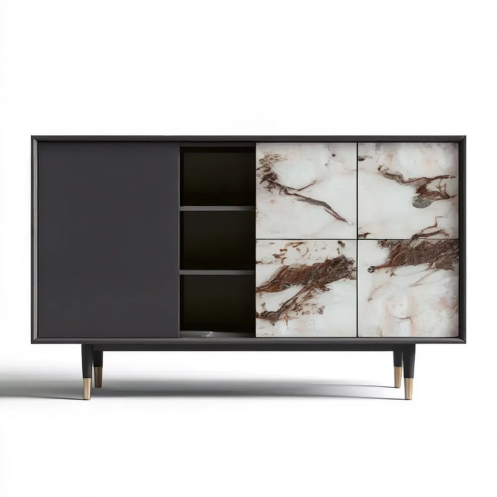 Kredens z MDF czarny z frontem w biało-brązowym dekorze marmuru i złotymi akcentami 180 x 40 x 90 cm