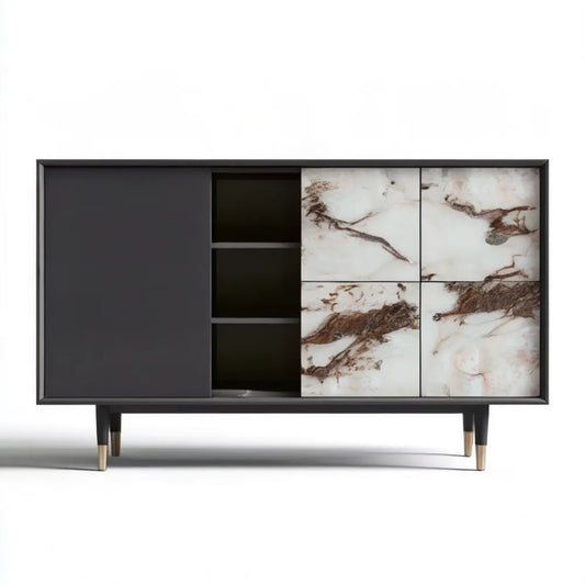 Kredens z MDF czarny z frontem w biało-brązowym dekorze marmuru i złotymi akcentami 180 x 40 x 90 cm