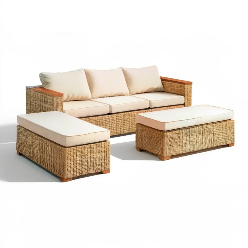 Beżowo-brązowy zestaw wypoczynkowy z technorattanu – sofa 210 × 85 × 78 cm, leżanka i pufa