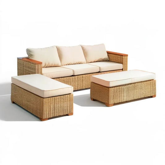Beżowo-brązowy zestaw wypoczynkowy z technorattanu – sofa 210 × 85 × 78 cm, leżanka i pufa