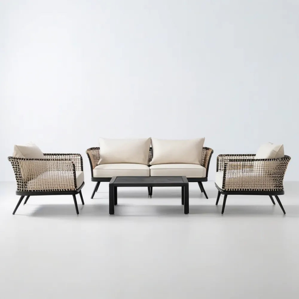 4-częściowy komplet wypoczynkowy z plecionki PE, beżowo-czarny – sofa 140 × 75 × 78 cm, fotele 75 × 75 × 78 cm, stolik 100 × 60 × 45 cm