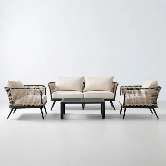 4-częściowy komplet wypoczynkowy z plecionki PE, beżowo-czarny – sofa 140 × 75 × 78 cm, fotele 75 × 75 × 78 cm, stolik 100 × 60 × 45 cm